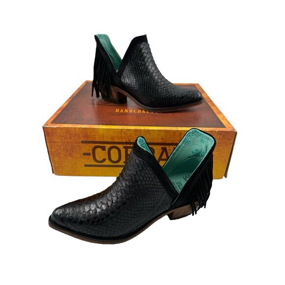 Corral Womens $229 Black Python Fringe Pointed Toe Western Booties Sz 6 Cowgirl - Picture 1 of 8